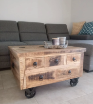 Industrial Rustic Unique Wooden Mango Wood Coffee Table With Drawers &amp; Wheels - £333.88 GBP