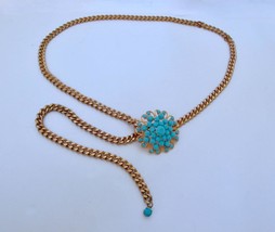 Vintage 60s 70s Gold Chain Belt with Turquoise Blue Rhinestone Medallion Buckle - £23.71 GBP