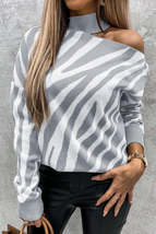 Gray Zebra Print Mock Neck Cold Shoulder Sweater - £24.98 GBP+