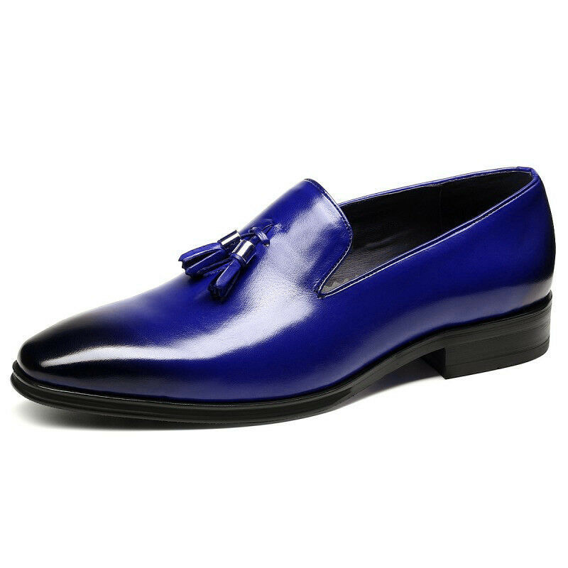 Men Blue Tassel Loafer Slip On Plain Burnished Toe Vintage Leather Shoes US 7-16