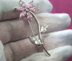 925 Sterling Silver Simulated Pink Topaz and CZ Vintage Flower Pin - £39.50 GBP