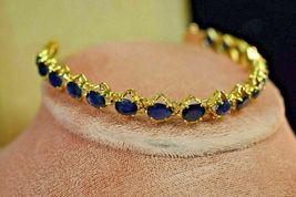10Ct Oval Cut Blue Sapphire Women&#39;s Vintage Tennis Bracelet 14K Yellow Gold Over - £133.65 GBP