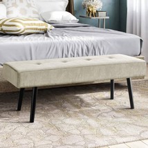 Mid-Century Beige Corduroy Upholstered End of Bed Bench with Black Metal... - $265.98 CAD