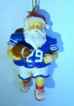 Football Santa Claus Blue Jersey 29 hanging Ornament  3 1/2&quot; tall vintage - £7.84 GBP