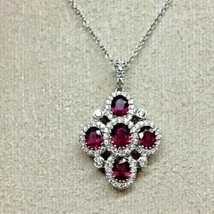 14K White Gold Over 2.20Ct Oval Cut Simulated Red Ruby Cluster Women Pendant - £47.31 GBP