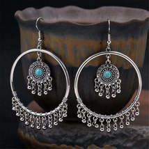 Turquoise &amp; Silver-Plated Big Circle Drop Earrings - £11.18 GBP