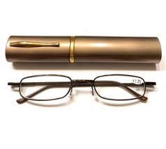 Extra Slim Reading Glasses +1.25 Unisex Dark Brown Metal Thin With Case - $12.76