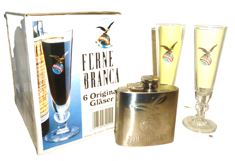 6 Fernet Branca Shot Glasses in Box &amp; 1 Fernet Branca Flask - $89.95