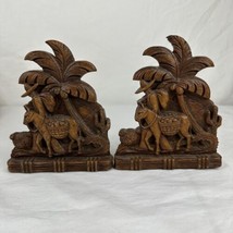 Vintage Pair of Syroco Wood Carved Bookends Man Donkey Palm Cactus South... - $48.50