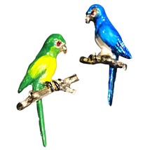 2 Enamel Gold Tone Rhinestone eyes Green &amp; Blue Parrots Brooch Pin 1.5&quot; scatter - £19.60 GBP
