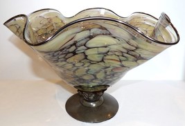 Gorgeous Artist Art Glass MULTI-COLOR Ruffled 15&quot; Statement Bowl In Metal Base - £345.77 GBP