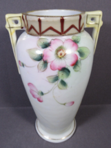 Antique Nippon Vase Hand Painted Pink Flowers Geometric Band Handles  7.5&quot; x 4&quot; - £11.42 GBP