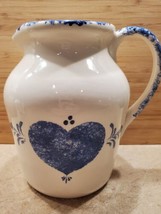 Vintage Folk Craft Country MILK/WATER Pitcher - Blue Sponge Pottery With Heart - £11.00 GBP