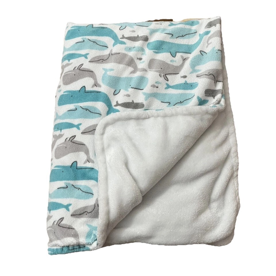 Carters Teal Aqua Gray White Whales Baby Blanket 40x30 - $18.99