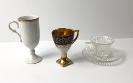 3 Tea Cups Clear Swirl Federal Glass Black and Gold  White Pedestal Vtg - $29.50