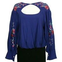 FREE PEOPLE Blue Lita Floral Embroidered Cutout Cotton Linen Knit Top XS - £55.30 GBP