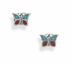 Dainty 925 Sterling Silver Coral &amp; Turquoise Chip Butterfly Studs Womens Earring - £54.83 GBP