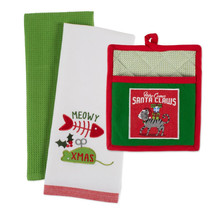 NEW Here Comes Santa Claws &amp; Meowy Christmas Cat Kitchen Set  towels &amp; p... - £8.63 GBP