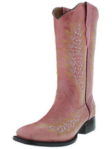 Womens Western Rodeo Boots Pink Leather Silver Studded Square Toe Size 5-6 - $71.99