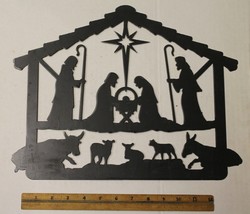 Christmas Nativity Scene Holiday Wall Hanging Sign Black Metal Amish Cou... - $20.00