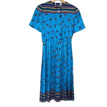  Vintage 80s Y2K Turquoise Pleated Shirt Dress 12 Blue Printed Short Sleeve - $48.51