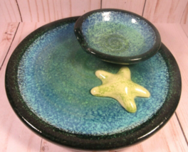 Studio Art Pottery Shrimp &amp; Dip Handmade Heavy Blue Yellow Starfish 7&quot; Round. - $12.77