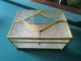 Mid Century Glass jewelry vanity box with brass frame mirrored, footed [GL17] - £87.04 GBP