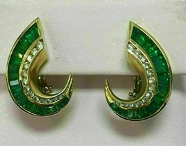 3Ct Simulated Emerald &amp; Diamond Omega Back Earrings 925 Silver Gold Plated - £90.99 GBP