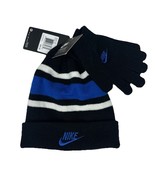 NWT NIKE Beanie Hat &amp; Gloves Boys Youth Black Blue White Striped Knit Gi... - €12,89 EUR
