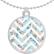 Floral Chevron Pattern Round Pendant Necklace Beautiful Fashion Jewelry - £8.46 GBP