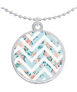 Floral Chevron Pattern Round Pendant Necklace Beautiful Fashion Jewelry - £8.62 GBP