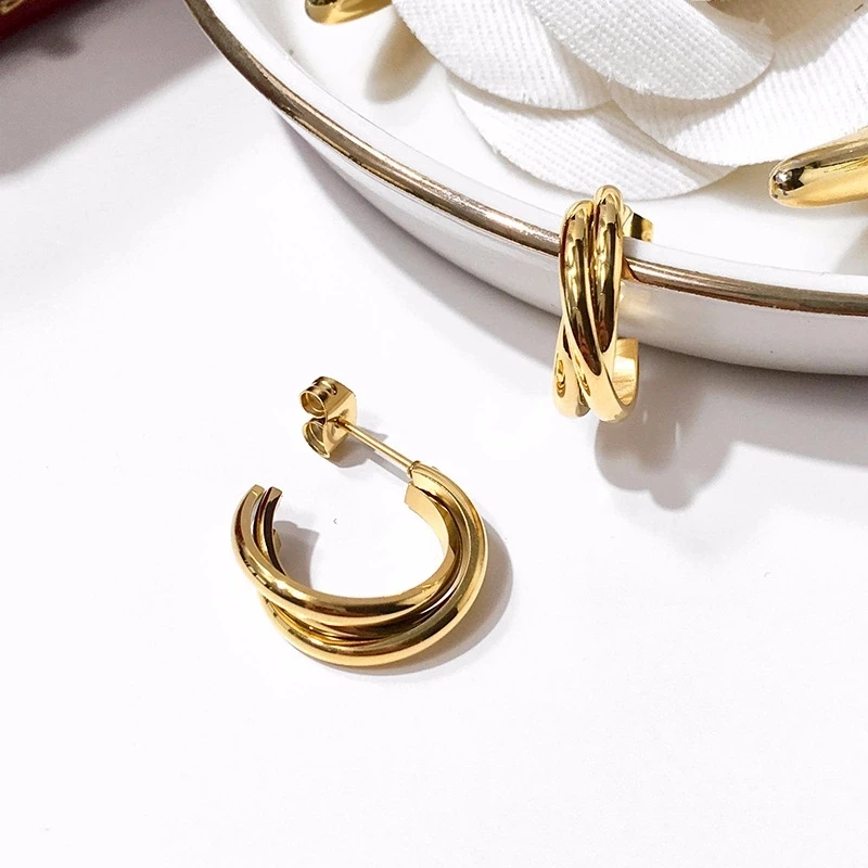 Sporting Titanium With 18k Gold Twist Hoop Earrings Women Stainess Steel Jewelry - £39.16 GBP