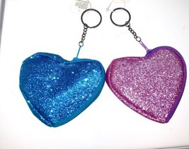 2 glitter Heart Shaped Mini Purse Zipper Key Chains Blue Pink - $16.54