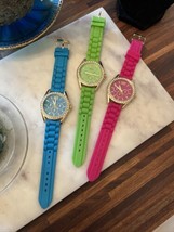 3! GENEVA 9 1/2&quot; Silicone Band Watch w/Round Face Rhinestones Green, Pink, Teal - $28.45