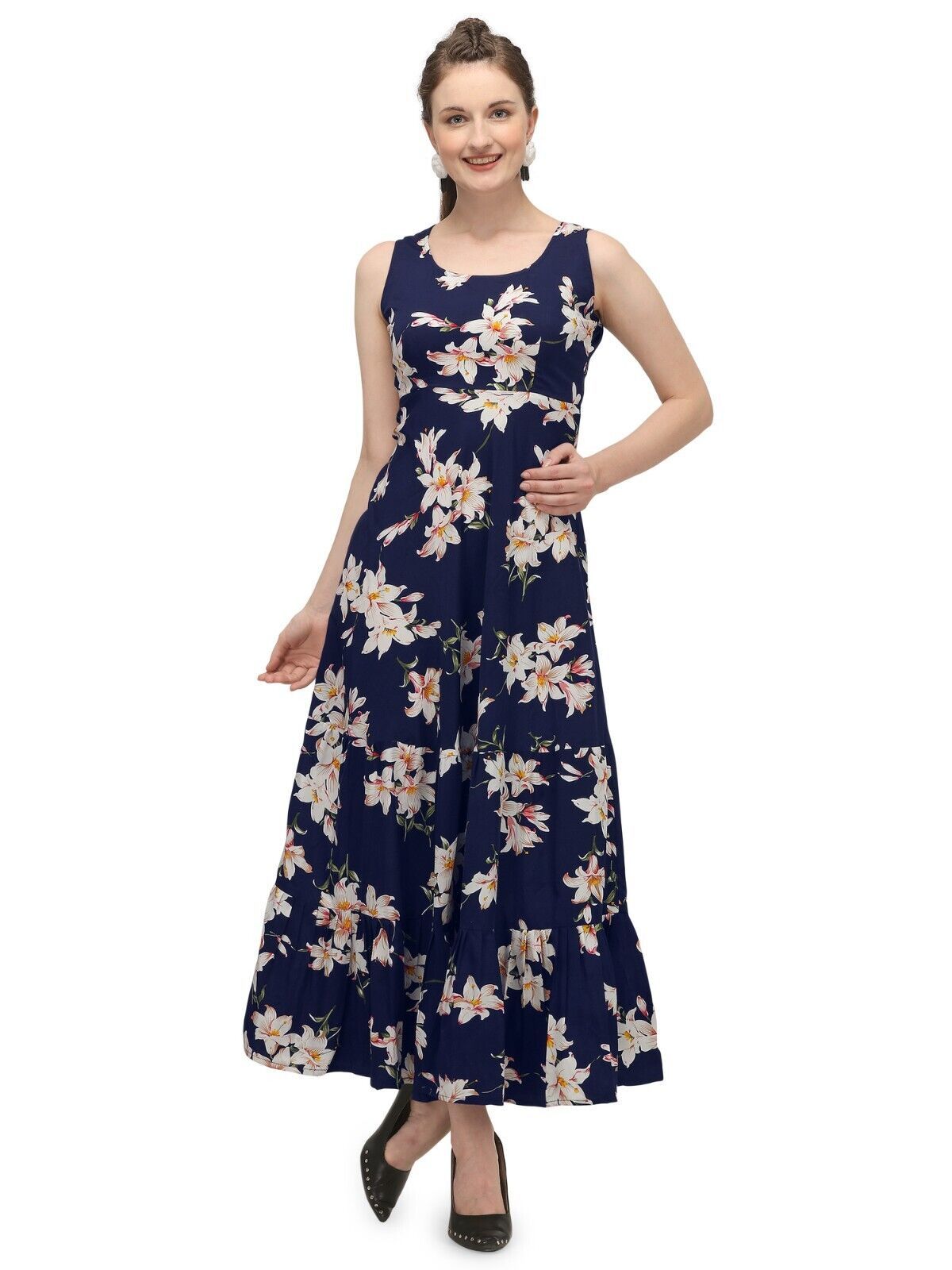 Primary image for Damen Tunika Blau Tulpen Bedruckt Lang Faltenrock, Ärmellos Ausgestellt Kleid