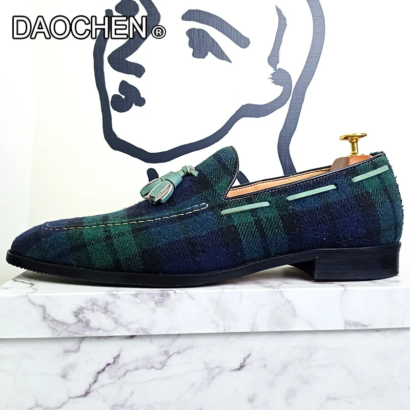 Men loafers shoes green black gingham tassel suede shoe casual man shoe genuine leather thumb200