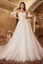 Retro floral gown with sweetheart bodice, puff sleeves, and white bridal... - £590.74 GBP