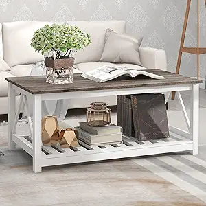 Farmhouse Coffee Table For Living Room, 2-Tier Rectangular Wooden Centre... - $216.99