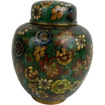 Vintage Chinese Cloisonné Chrysanthemum Ginger Jar Metal Enamel Floral Lidded - £62.32 GBP