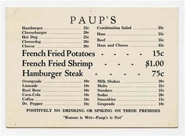 Paup&#39;s Menu Kansas City Missouri Kansas is Wet Paup&#39;s is Not 1950&#39;s - £69.38 GBP