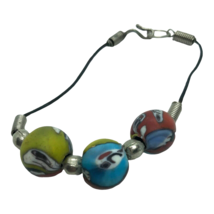 Vintage bracelet colorful handmade face beads leather cord boho hippy artisan - £12.64 GBP