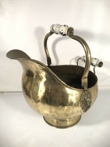 Vintage Large Brass Scuttle Coal Bucket With Delft Porcelain Handles Lion Heads - £46.43 GBP