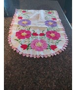 Vintage Exquisite Raised  Floral Embroidery on Linen Side Table Runner 2pc  - $70.33