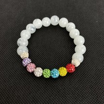 Moonstone Rainbow Beads Bracelet Silver Tone Rhinestones Handmade Boho - £19.92 GBP