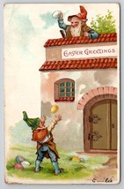 Easter Greetings Silly Gnomes Tossing Colored Eggs Postcard P21 - £8.00 GBP