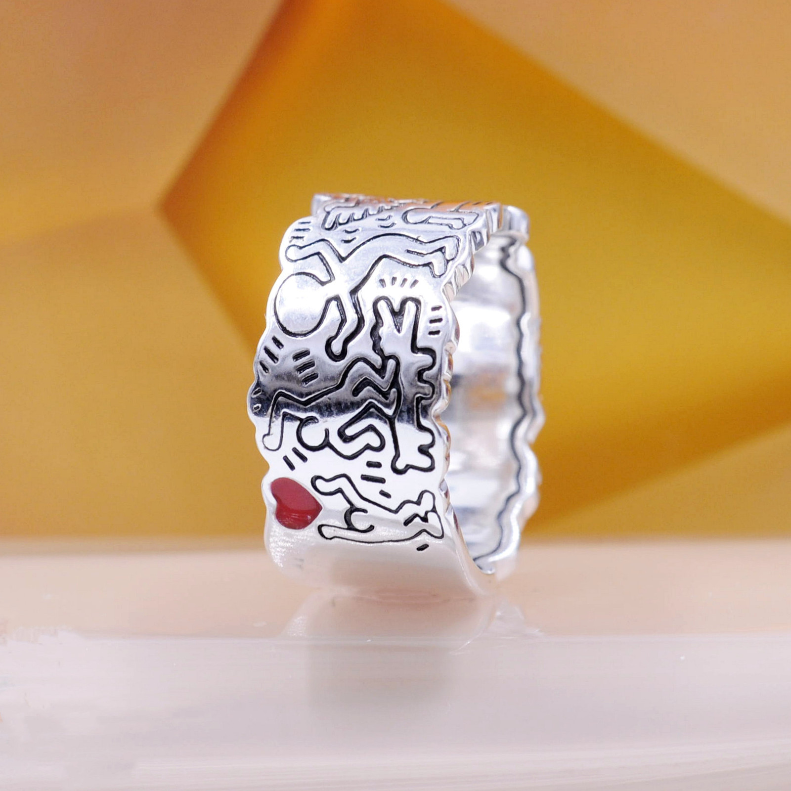 2022 Release 925 Sterling Silver Keith Haring Line Art Love and People Wide Ring