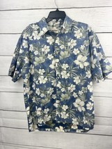 Cooke Street Reverse Print Hibiscus Flower Blue White Large Hawaiian Aloha Shirt - £15.02 GBP