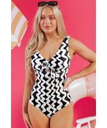 Black Stripe Bowknot Ricrac Print V Neck Low Back Cut One Piece Swimsuit - $299.09 MXN