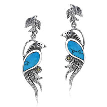 Mythical Phoenix Bird Blue Turquoise Wing Marcasite .925 Silver Earrings - £15.86 GBP