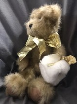 Hallmark Plush Tan Bear Fluffy With Hand Warmer Gold Holly &amp; Bow 10&quot; - £19.22 GBP